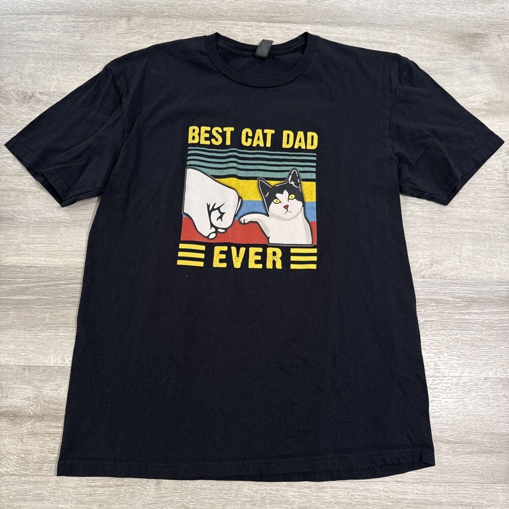 Best Cat Dad Ever Shirt Fist Bump Retro Cat Men’s Large Black